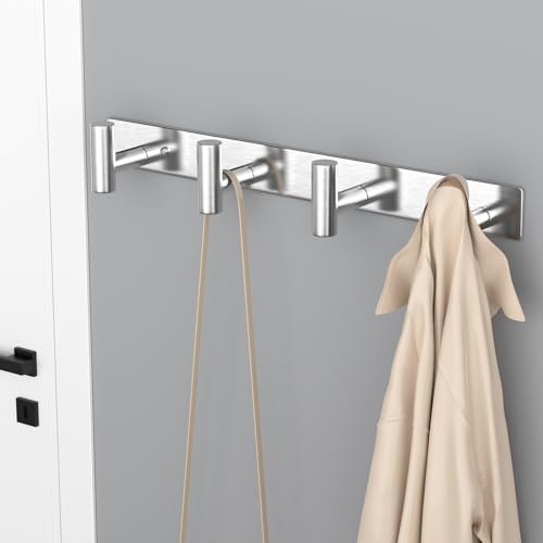 Image of VAEHOLD 1PACK Hat and Coat Wall Mount Rack - 4 Hooks for Robes, Bags, Keys, and Towels - Bathroom Towel Hanger Organizer -Silvery