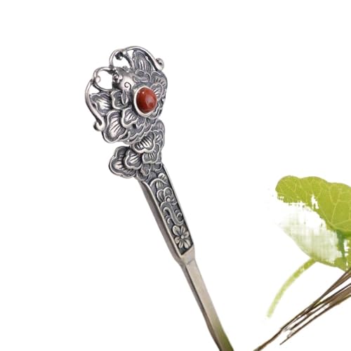 Épingle à cheveux chinoise en argent 925 avec agate rouge pivoine rétro pour femme