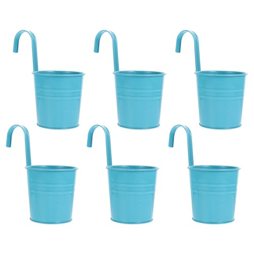 Cabilock Macetas colgantes de metal azul maceta colgante gancho desmontable hierro rústico arte balcón maceta 6 piezas suculentas hierbas plantas recipiente balcón jardín decoración