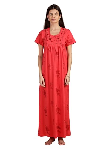 Image of 9shines Label Stylish Cotton Blend Embroidered Maxi Nightdress for Women with Pocket| Full Length Nightwear| Premium Nightdress| Comfortable Nightwear(5256)