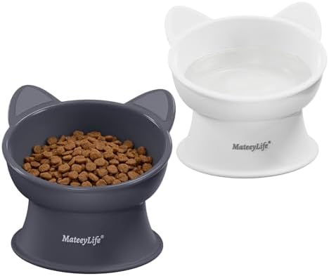 MateeyLife Comedero Gato Elevado, Juego de 2 Comedero para Gatos de 15 Grados, Comedero Elevado Gato de Perros Pequeños, Reduce la Fatiga de los Bigotes y Antirregurgitación,Blanco & Gris