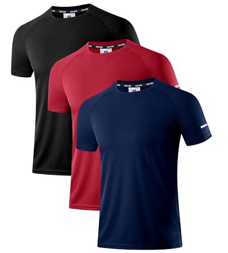 Holure Men's Quick-Dry Sportswear T-Shirts,3 Pack Breathable Moisture Wicking Gym Tops for Training & Workout,Short Sleeve Tees Black/Navy/Red 3P03-2XL