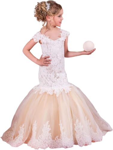 Mermaid Flower Girl Dress Off Shoulder Lace Tulle Pageant Dresses for Girls Princess Flower Girl Dresses for Wedding