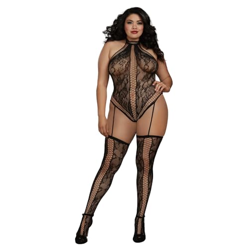 Bodystocking en peluche dentelle noir queen size pour femme