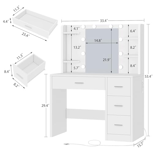 Image of Quimoo Vanity Desk with Mirror and Lights, Makeup Vanity with Power Outlet and 4 Drawers & 6 Shelves & 5 Hooks, 3 Color Modes & Adjustable Brightness, White Vanity for Bedroom