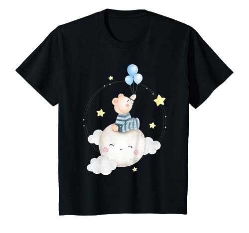 Youth Bear on cloud with balloon star watercolors T-Shirt, Black, 2
