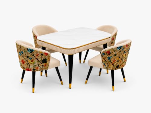 Image of WOODEN SPACE Majestic 4 Seater Wooden Dining Table Set | Urban Marble Top Dining Table with Chairs for Dining Room & Kitchen (Modern Classic Printed Beige) (54 x 36 x 30 inch)