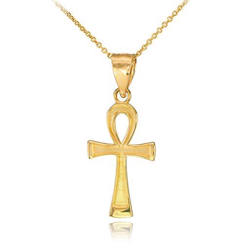 10K Yellow Gold 1' Egyptian Ankh Key of Life Pendant Necklace with Rolo Chain - 22'