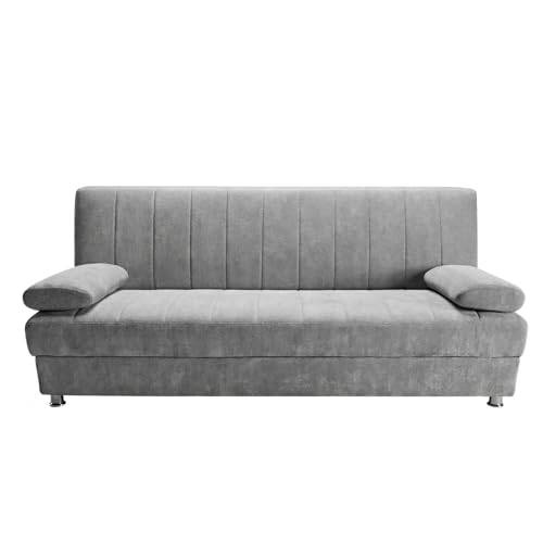 Duérmete Online - Sofá Cama Clic Clac Tipo Libro de 3 Plazas Modelo Enzo con Arcón de Almacenaje y Cojines Decorativos, Diseño Moderno, Práctico y Funcional, Gris