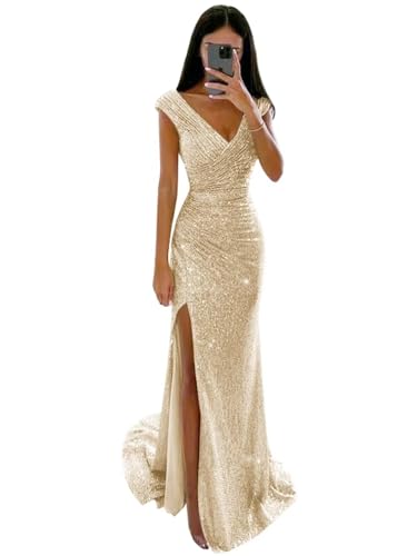 Women's Sparkly Sequins Prom Dress Cap Sleeves Mermaid Long Formal Evening Ball Gown with Split Wedding Guest Gowns