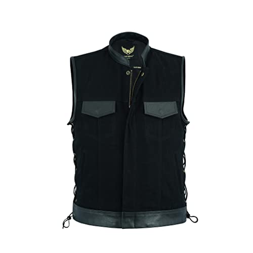 Leatherick Herren seite geschnürtes Anarchy Club Leder Trim Denim motorradfahrer Weste mit tief taschen schwarz - 5XL