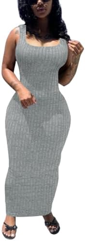 PINSV Women's Bodycon Maxi Dress Stretchy Sleeveless Tank Dress S...