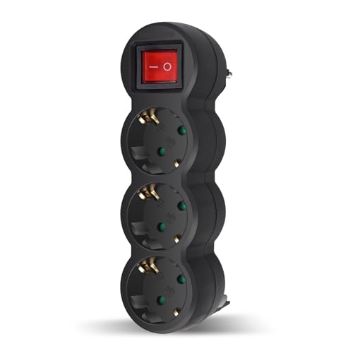 EXTRASTAR 3 en 1 Adaptador Plano con Interruptor y Tres Enchufes Schuko, hasta Carge 3680W, 16A, 250V, Negro, 1 pc