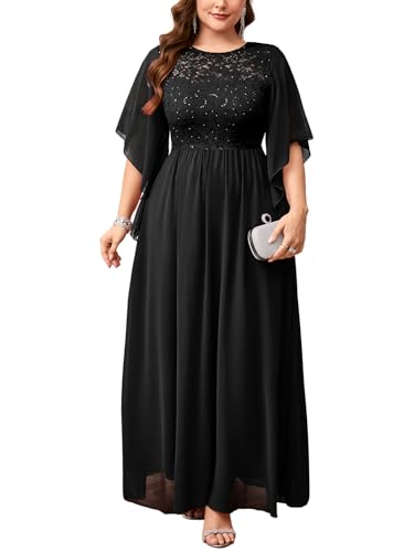 ZOMVA Plus Size 0X-4X Formal Dress Sequin Lace Chiffon A-line Maxi Dress Handkerchief Sleeve Evening Wedding Guest Prom Gown