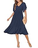 AUSELILY Women's Summer Empire Waist Dress Smocked Flutter Short Sleeve V Neck Midi Dresses 2026 New Navy Blue XL