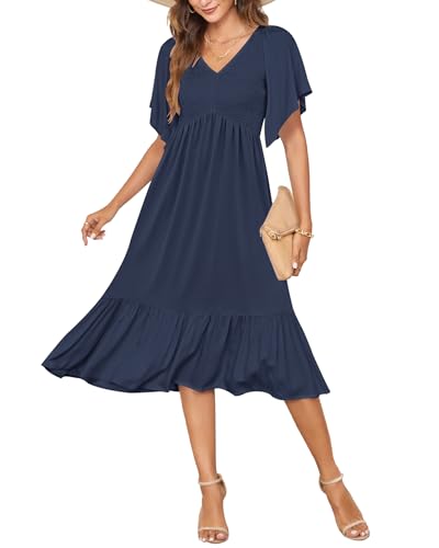AUSELILY Women's Summer Empire Waist Dress Smocked Flutter Short Sleeve V Neck Midi Dresses 2026 New...