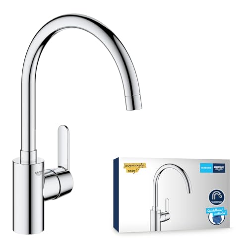 GROHE Get, rubinetto da cucina con beccuccio alto (rubinetto per la cucina, girevole a 150°, risparmio d'acqua grazie alla limitazione della quantità variabile, montaggio senza utensili), cromato