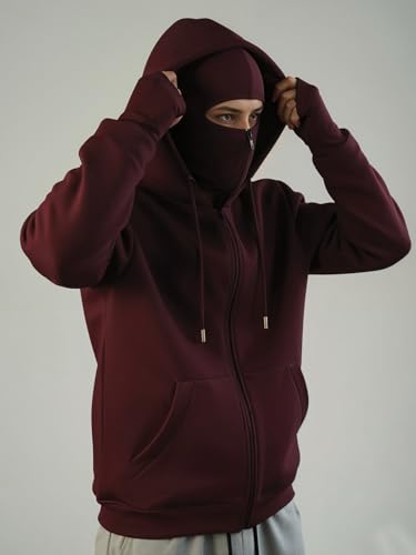 Image of ADRO Men Balaclava Hoodies | 320 GSM Soft Cotton Zipper Hoodie | Thumb-Hole Cuff Gloves | Travel Jacket with Hood | Winter Sweatshirt