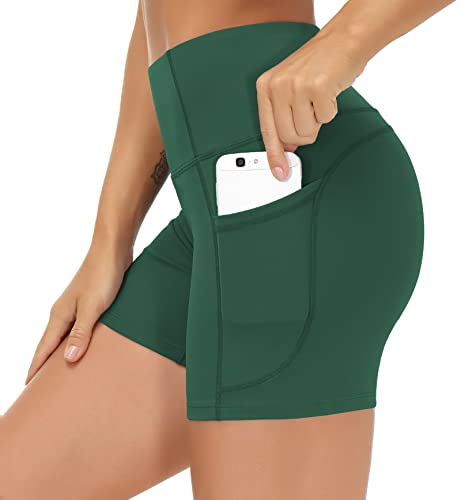 THE GYM PEOPLE High Waist Yoga Shorts for Women's Tummy Control Fitness Athletic Workout Running Shorts with Deep Pockets (Medium, Dark Green)