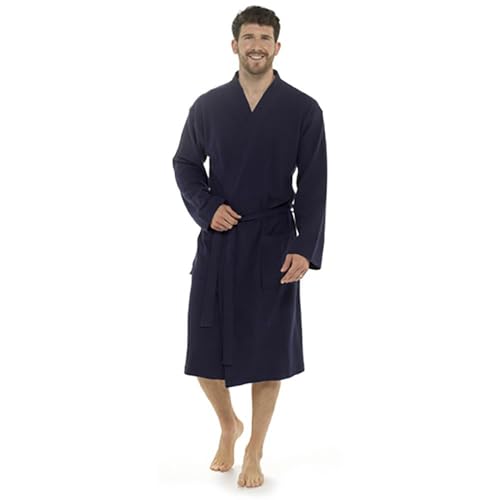 A2Z Albornoz de punto gofre para hombre, 100 % algodón, suave, ligero, estilo envolvente, con cinturón y bolsillos delanteros, acogedora bata de descanso para el hogar, tallas M a XL, azul marino, M