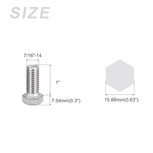 Image of METALLIXITY Hex Head Bolts (7 /16-14 x 1 inch) 5Pcs, 304 Stainless Steel 18-8, Fully Threaded, External Hex Drive, Plain Finish, Hex Head Screw Bolt, Silver