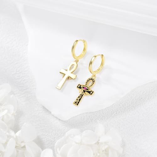 Ankh Dangle Earrings 925 Sterling Silver Gold Eye of Horus Drop Earrings Egyptian Ankh Cross Leverback Birthstone Jewelry Gift for Men3