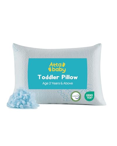 ATTABABY Toddler Pillow, Adjustable Shredded Memory Foam Small Pillow for Toddler 2 Years & Above, 13' x 18' Mini Size for Kids Sleeping, Napping or Traveling, Washable No Zipper Pillowcase, Blue