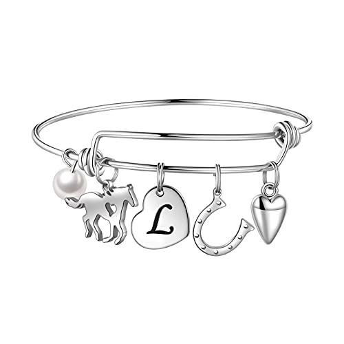 Anoup Horse Gifts for Girls Women Bracelet, Stainless Steel Horse Bracelet Engraved 26 Letters Initial L Charm Bracelet Dainty Horse Gifts for Girls Horse Jewelry for Kids Horse Lovers