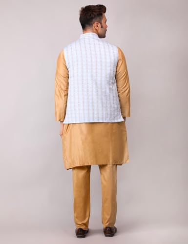 Image of Men's Cotton Silk Blend Regular Kurta Pyjama, Embroidered Nehru Jacket /Waistcoat Set