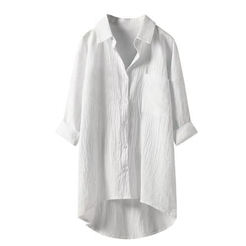 Bluse Damen Sommer Blusen & Tuniken Für leinenbluse leinenhemd große größen Button-Down Übergröße Hemd V-Ausschnitt Langarm Elegant Atmungsaktive Freizeithemd Lose Shirts Mit Brusttaschen