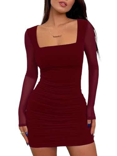 ELFIN Damen Bodycon Kleid Mesh Langarm Minikleid Sexy Quadratischer Hals Rüschen Partykleid Bleistiftkleid Mini Tube Cocktail Party Club Kleid (S, Weinrot)