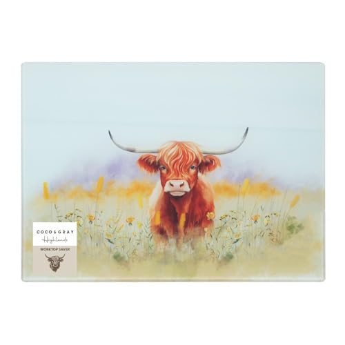 YöL Highland Cow Themed Work Top Saver - Kitchen Food Preparation Chopping Board Vegetables Meat - Durable Smooth Tempered Glass Scratch Resistant Non-Slip