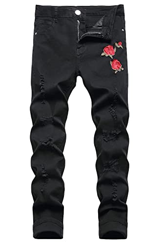 's Red Rose Embroidered Skinny Ripped Straight Slim Fit Stretch Denim Jeans,1855 Black,size 34