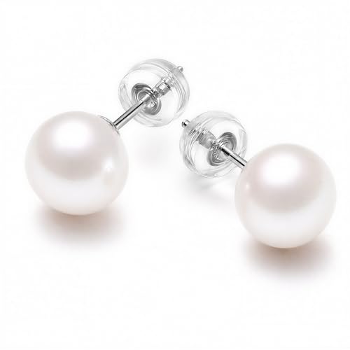 Pearl Stud Earrings for Women, S925 Sterling Silver Hypoallergenic Earrings, 7-8mm White Freshwater Cultured Pearls (White, 7-8mm)