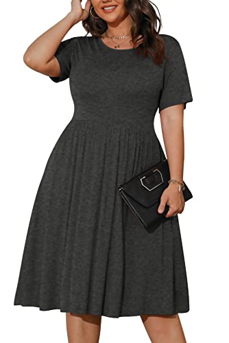 Image of POSESHE Womens Plus Size Summer Dress 2026 Casual Short Sleeve Empire Waist Loose Fit Swing T-Shirt Dress with Pockets