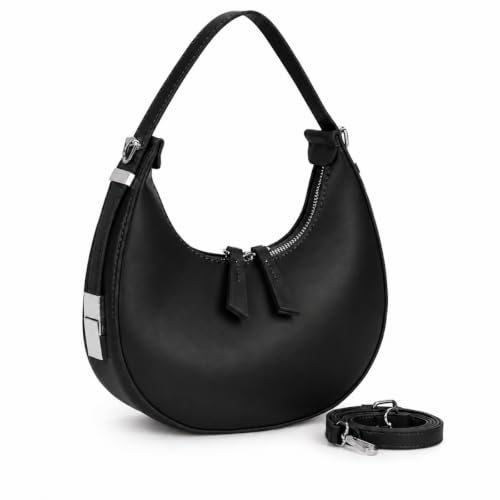 Bolsa Feminina Meia Lua Preta Couro Sintético Leve Clássica Versátil Alça Ajustável Zíper (Preto)