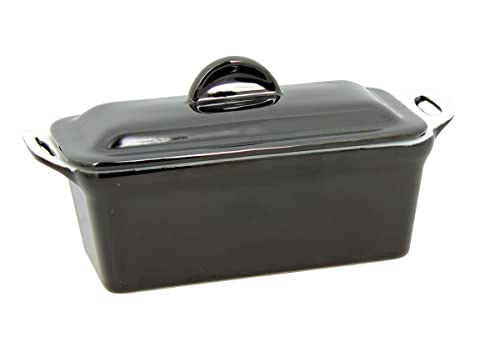 TheKitchenette Terrina Rectangular 24 x 10 cm con Tapa + Prensa Blanca en gres, Negro, 600 gr Cover