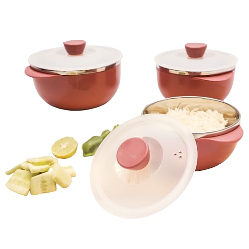 Image of Premium Stainless Steel Bowl Set of 3 | Microwave Safe Bowls with Lids | Mixing & Serving Bowls for Kitchen | Multi-Purpose Serving Bowls for Salad, Rice, Desert, Bowl Set - Multicolor
