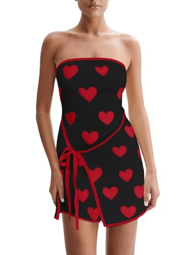 Image of Wenrine Womens Sexy Tube Top Dress Strapless Heart Valentine Self Tie Wrap Asymmetrical Hem Knit Party Gift Mini Dresses A-Black