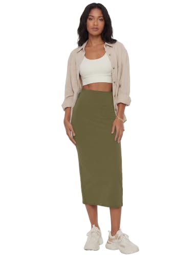 Image of Rooscier Women's High Waisted Pencil Midi Skirt | Stretchy Bodycon Knee Length Skirts with Back Slit