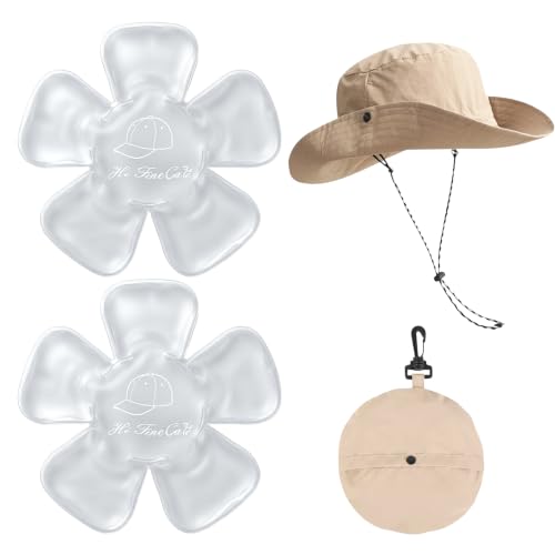 Image of 2 Pack Reusable Gel Ice Packs & Waterproof Foldable Hat for Men Women, Built-in Ice Pack Pockets, 4-Hour Cold Therapy Relief for Migraines, Construction, Heat Stroke Prevention, Beige