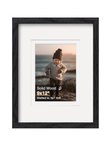 KINLINK 9x12 Picture Frame Black Wood, Solid Wood Frames with Acrylic Plexiglass for Pictures 5x7/6x8 with Mat or 9x12 without Mat, Tabletop and Wall Display, Set of 1