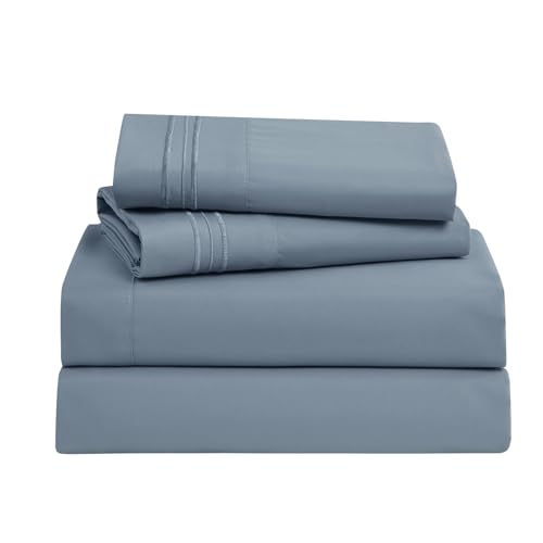 Clara Clark Bed Sheets, Premier 1800 Series Bed Sheet Set, Deep Pocket, Wrinkle, Fade, Stain Resistant, Luxury Soft Bedding Sheets & Pillowcases, Split King, Stone Blue
