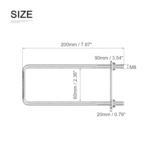 Image of DTGN M8x60x200mm(ThreadxWxL) Square U Bolt - 2Pack - Good for Trailer Pipe Replacement Parts - 304 Stainless Steel U Shape Bolts