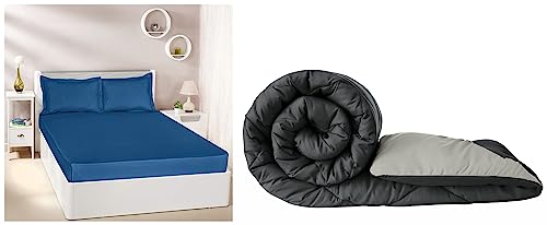 Image of Amazon Brand - Solimo Microfibre Reversible Comforter, Single (Pale Grey & Steel Grey, 200 GSM) Solid 144 TC 100% Cotton Double Bedsheet with 2 Pillow Covers, Navy Blue