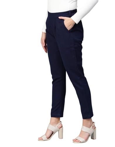 Image of Yash Gallery Women's Regular Fit Mid Rise Solid Cotton Slub Ankle Length Regular Trouser Pant
