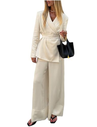 Costume de Discours en Satin Femme Tailleur Smoking Veste Revers et Pantalon Large Ceinture