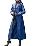 Ru Sweet Women's Button Down Faux Leather Trench Coat Lapel PU Long Sleeve Maxi Jacket (Blue,Small)