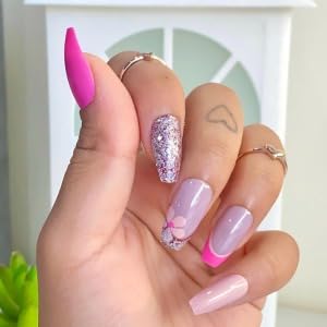 Image of Pink Ombre Glitter Press On Nails | Glossy Coffin Shape Fake Nails | French Tip & Sparkle Design | Reusable Stick On Nails with Glue Kit