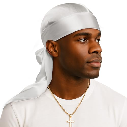 YFONG 100% 22 Momme Mulberry Silk Durags for Men Women Extra Long Strap Silky Durag Breathable and Soft Do Rag for 360 Waves Perfect for Nourishing Your Hair and Fashionable Outfits 1Pc White